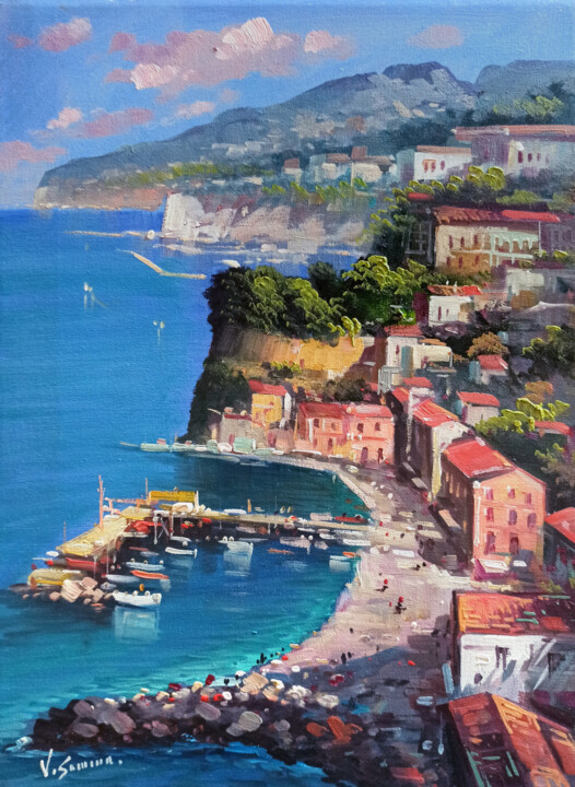 Schilderij getiteld "Sorrento seaside -…" door Vincenzo Somma, Origineel Kunstwerk, Olie Gemonteerd op Frame voor houten bra…