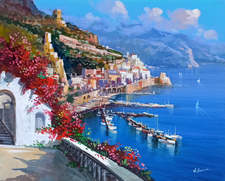 Pittura intitolato "Seaside lookout - A…" da Vincenzo Somma, Opera d'arte originale, Olio Montato su Telaio per barella in l…