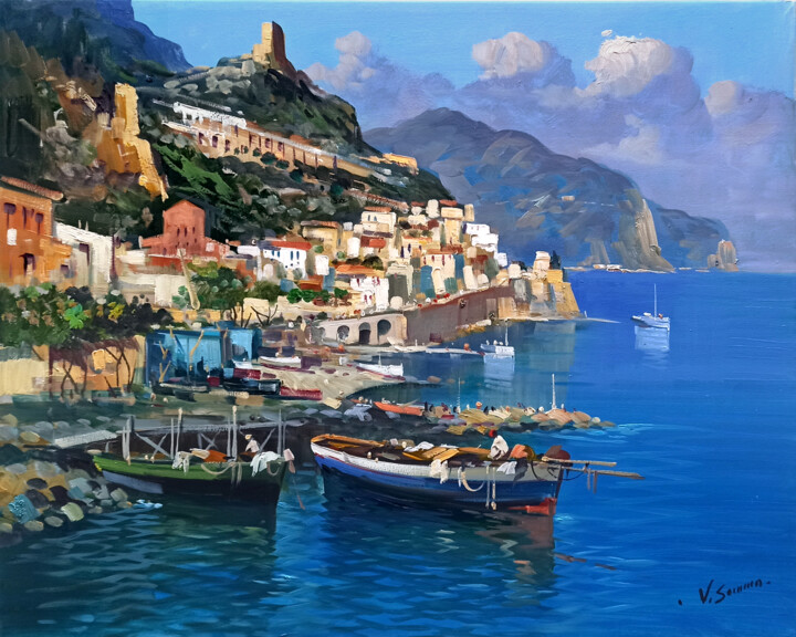 Painting titled "Fishing boats - Ama…" by Vincenzo Somma, Original Artwork, Oil Mounted on Wood Stretcher frame