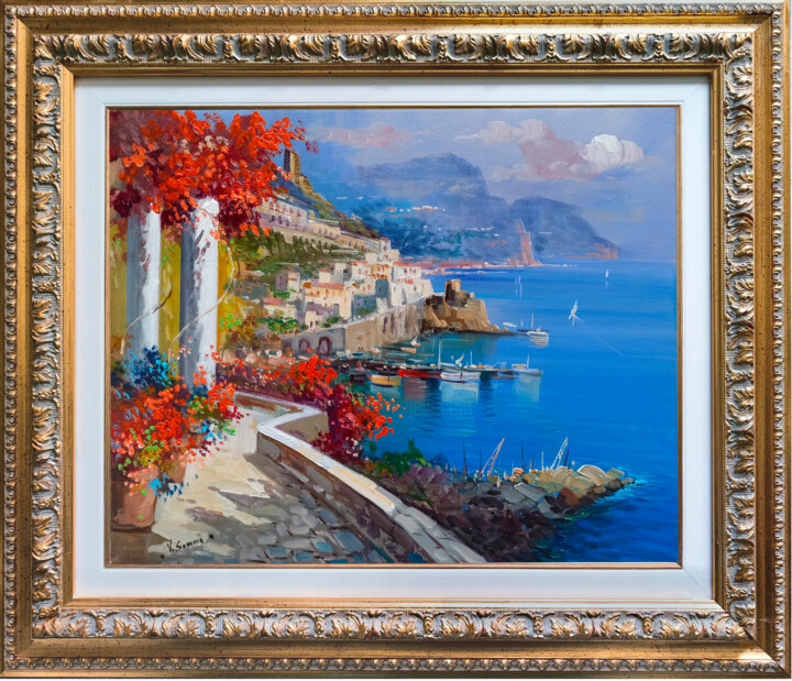 Pittura intitolato "AMALFI FLOWERY ROAD…" da Vincenzo Somma, Opera d'arte originale, Olio Montato su Telaio per barella in l…