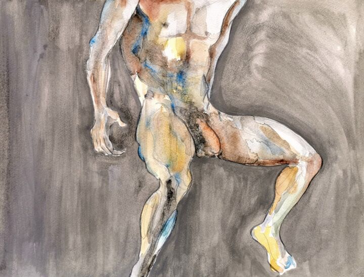Disegno intitolato "Nudo maschile" da Vincenzo Cohen, Opera d'arte originale, Acquarello
