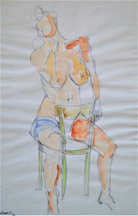 Disegno intitolato "Nudo seduto" da Vincenzo Cohen, Opera d'arte originale, Acquarello