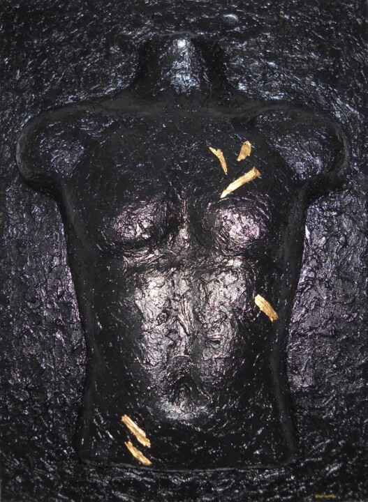 Sculptuur getiteld "Black phoenix" door Vinet-Larente, Origineel Kunstwerk, Gips Gemonteerd op Houten paneel