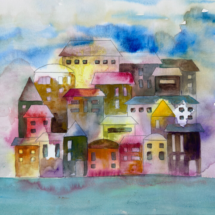 Painting titled "Casas de colores" by Vinicio Jarquin, Original Artwork, Pigments