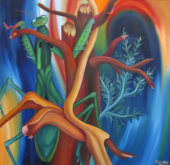 Painting titled "Praying Mantis" by Vinko Hlebs, Original Artwork, Oil