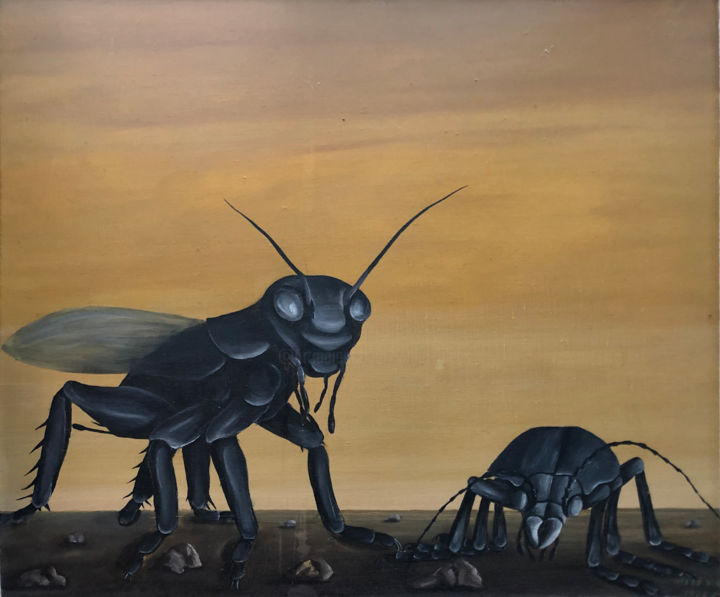 Painting titled "Grasshoppers" by Vinko Hlebs, Original Artwork, Oil