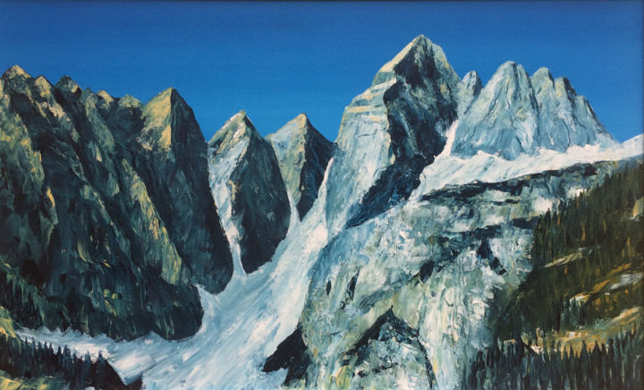 Painting titled "Mountains II" by Vinko Hlebs, Original Artwork, Oil Mounted on Wood Stretcher frame