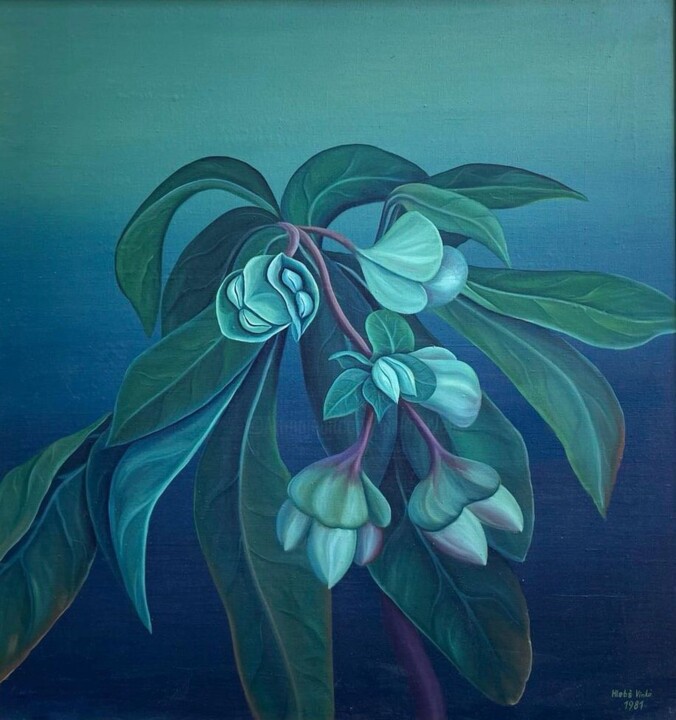 Painting titled "Green Flower" by Vinko Hlebs, Original Artwork, Oil