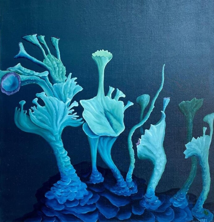 Malarstwo zatytułowany „Blue lichens” autorstwa Vinko Hlebs, Oryginalna praca, Olej Zamontowany na Drewniana rama noszy