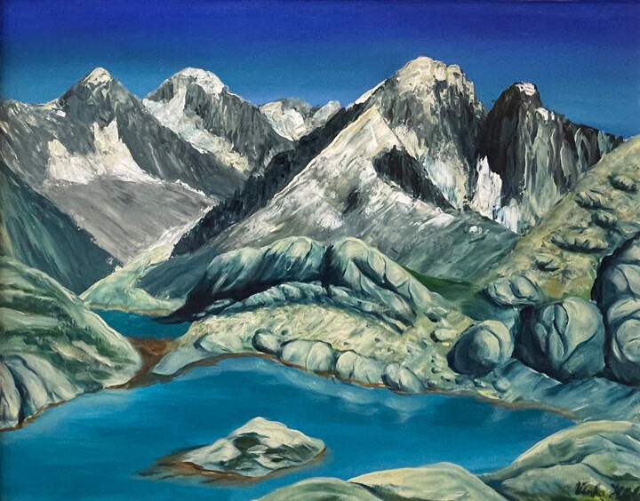 Painting titled "Mountains with lake" by Vinko Hlebs, Original Artwork, Acrylic Mounted on Wood Stretcher frame