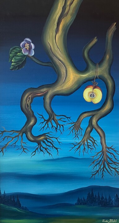 Schilderij getiteld "Apple on branch, sy…" door Vinko Hlebs, Origineel Kunstwerk, Olie