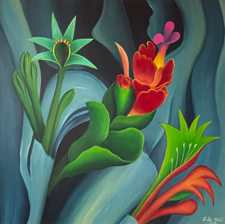 Painting titled "Exotic Flowers" by Vinko Hlebs, Original Artwork, Oil