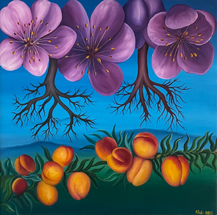 Painting titled "Apricot and flowers" by Vinko Hlebs, Original Artwork, Oil