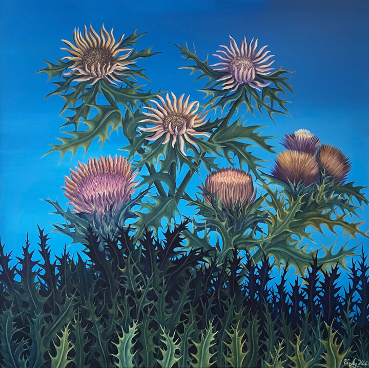 Painting titled "Carline thistle 2" by Vinko Hlebs, Original Artwork, Oil
