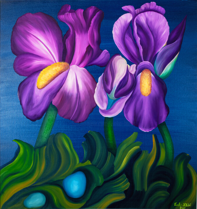 Painting titled "Iris flowers" by Vinko Hlebs, Original Artwork, Oil Mounted on Wood Stretcher frame