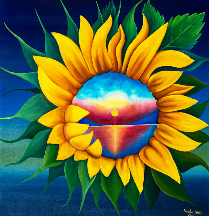 Schilderij getiteld "Sunflower with suns…" door Vinko Hlebs, Origineel Kunstwerk, Olie