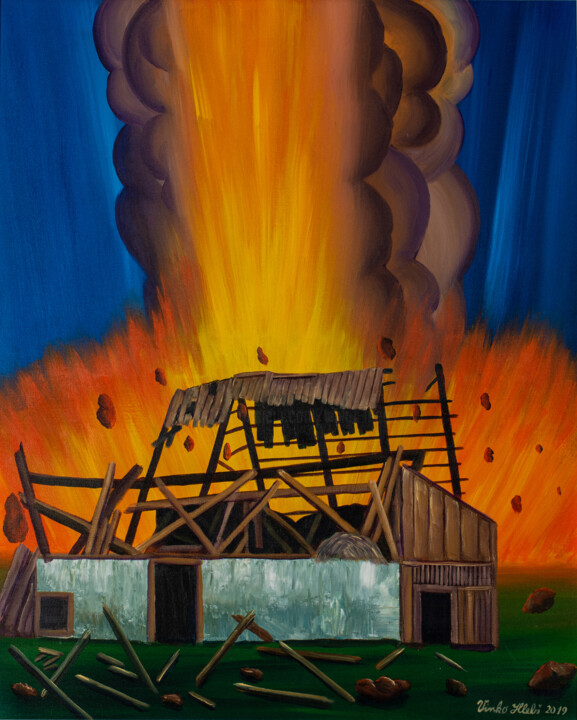 Painting titled "Burning House" by Vinko Hlebs, Original Artwork, Oil