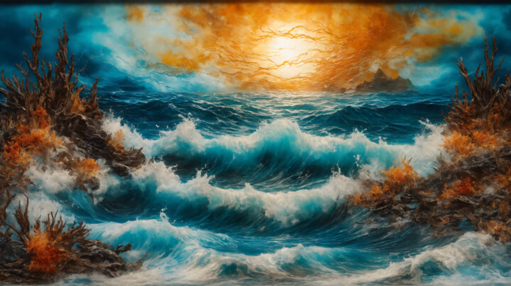 Digital Arts titled "Stormy ocean" by Vintagevista, Original Artwork, Oil