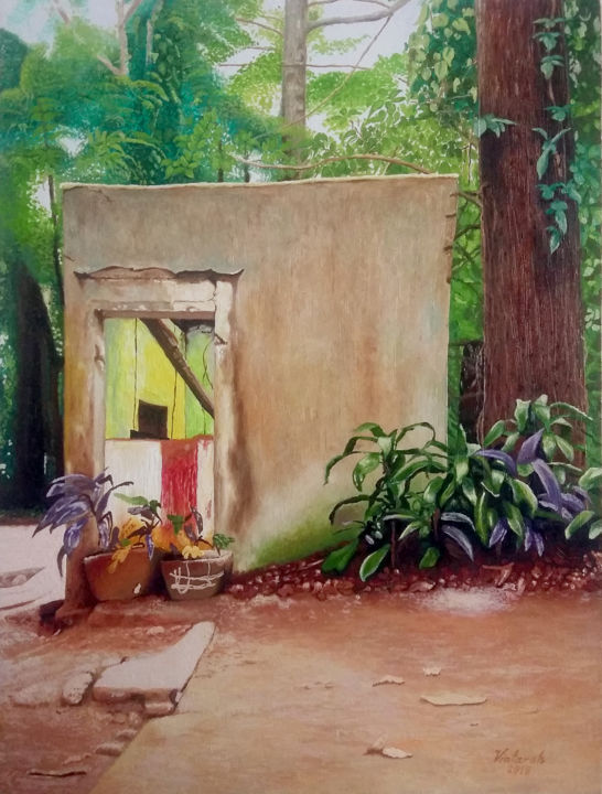 Painting titled "Ticket Booth Ruins" by Vintarah, Original Art, Oil
