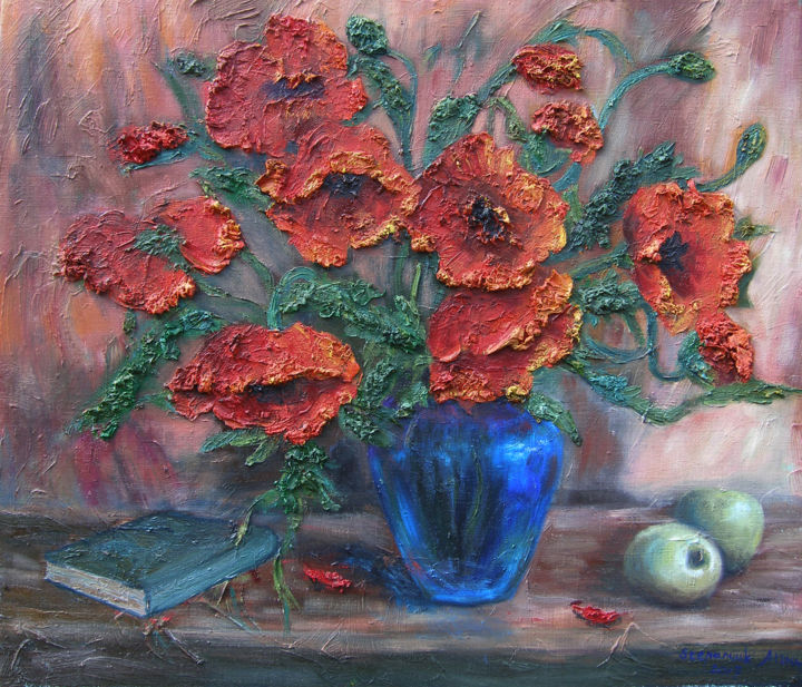 Painting titled "маки в синей вазе.j…" by Alina Stepaniuk, Original Artwork, Oil