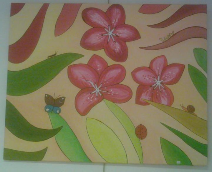 Peinture intitulée "fleurs/papillon/coc…" par Nadia Viola Berra, Œuvre d'art originale