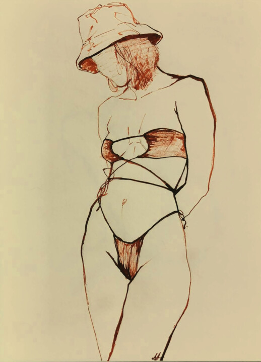 Рисунок под названием "Swimsuit sketch I" - Violeta Crăciun (Malina), Подлинное произведение искусства, Чернила