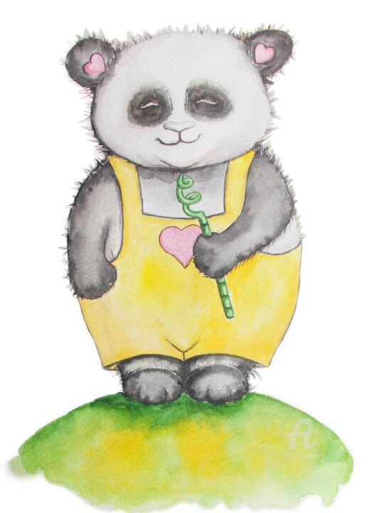Painting titled "Cute panda" by Violetta Golden, Original Artwork, Watercolor