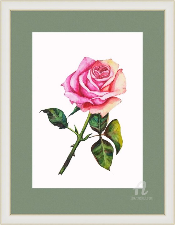 Картина под названием "Garden Rose - flora…" - Violetta Golden, Подлинное произведение искусства, Акварель
