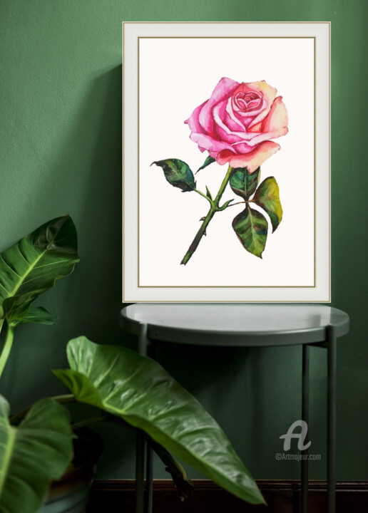 Painting titled "Pink rose - waterco…" by Violetta Golden, Original Artwork, Watercolor