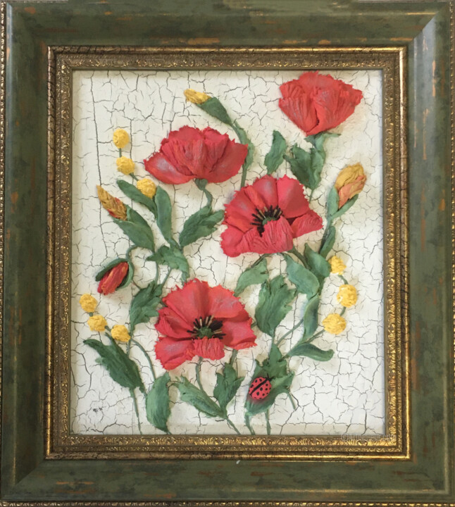 Картина под названием "Red poppies - flowe…" - Violetta Golden, Подлинное произведение искусства, Масло Установлен на Деревя…