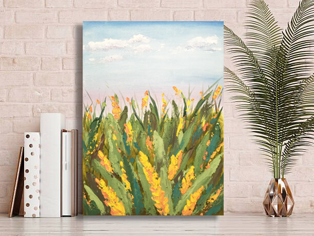 Painting titled ""California meadows…" by Violetta Golden, Original Artwork, Oil Mounted on Cardboard