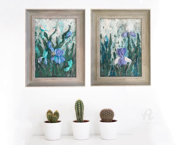 Painting titled "Diptych Floral soul" by Violetta Golden, Original Artwork, Oil Mounted on Wood Panel