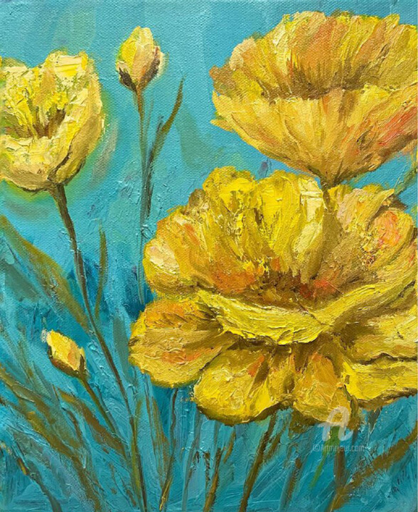 Painting titled "Yellow floral paint…" by Violetta Golden, Original Artwork, Oil Mounted on Wood Stretcher frame