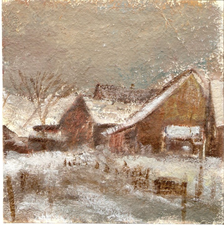 Painting titled "Maisons en hiver (7)" by Violette Barth Spiecker, Original Artwork, Acrylic Mounted on Wood Stretcher frame