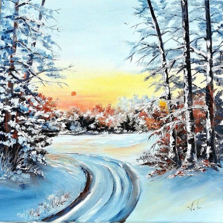 Painting titled "HIVER" by Violette Le Gallou, Original Artwork, Oil Mounted on Wood Stretcher frame