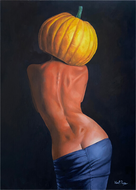 Картина под названием "pumkin girl" - Viorel Rusu, Подлинное произведение искусства, Масло Установлен на Деревянная рама для…
