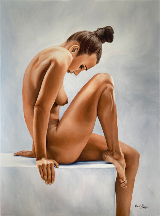 Painting titled "female nude" by Viorel Rusu, Original Artwork, Oil Mounted on Wood Stretcher frame