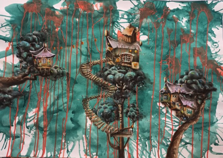 Pittura intitolato "Tree houses" da Vira Chernetska, Opera d'arte originale, Pastello