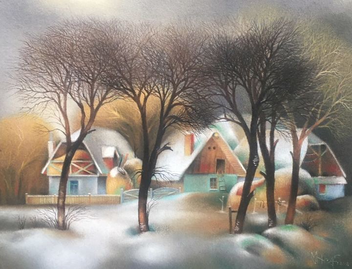 Painting titled "pastel-hiver-villag…" by Virgil Mancas, Original Artwork, Pastel