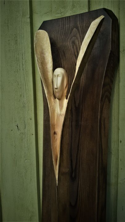Sculpture titled "Flying Angel" by Virgilijus Vaiciunas, Original Artwork, Wood Mounted on Wood Panel