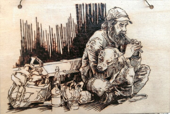 Printmaking titled "Compagnons d'infort…" by Virginie Bocquet, Original Artwork, Engraving Mounted on Wood Panel
