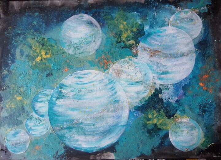 Malerei mit dem Titel "Planète bulle" von Virginie Chatelain, Original-Kunstwerk, Acryl