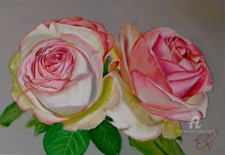 Dessin intitulée "duo de roses" par Virginie Etignard, Œuvre d'art originale, Pastel