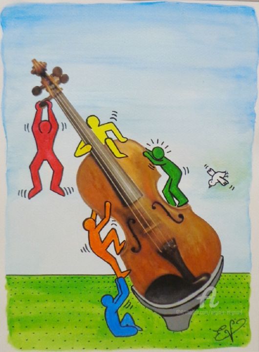 Zeichnungen mit dem Titel "Les joueurs au Viol…" von Virginie Etignard, Original-Kunstwerk, Acryl Auf Glas montiert