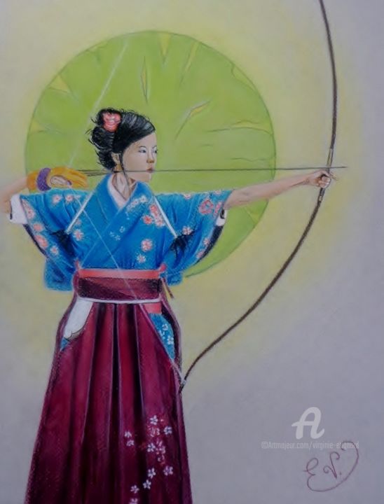 Dessin intitulée "kyudo, la voie de l…" par Virginie Etignard, Œuvre d'art originale, Pastel