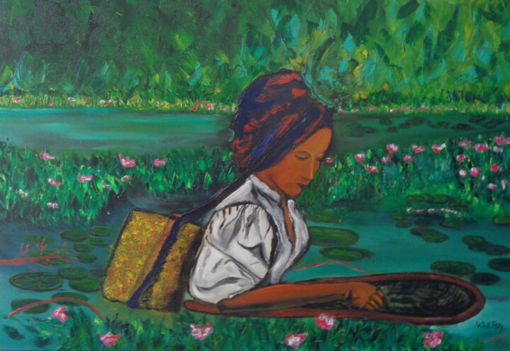 Peinture intitulée "Cueillette du thé.…" par Virginie Le Roy, Œuvre d'art originale, Huile