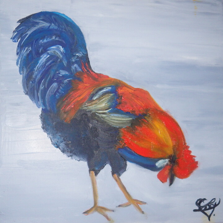 Painting titled "Coq. Rooster" by Virginie Le Roy, Original Artwork, Oil