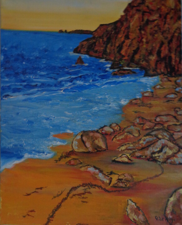 Painting titled "La plage de Donnant…" by Virginie Le Roy, Original Artwork, Oil