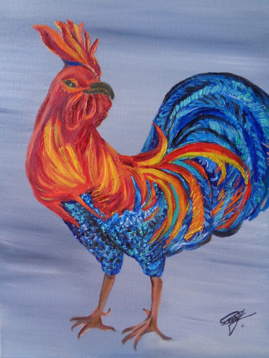 Painting titled "Coq pour Ludo. Roos…" by Virginie Le Roy, Original Artwork, Oil