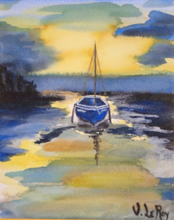 Painting titled "Soleil couchant, Br…" by Virginie Le Roy, Original Artwork, Watercolor